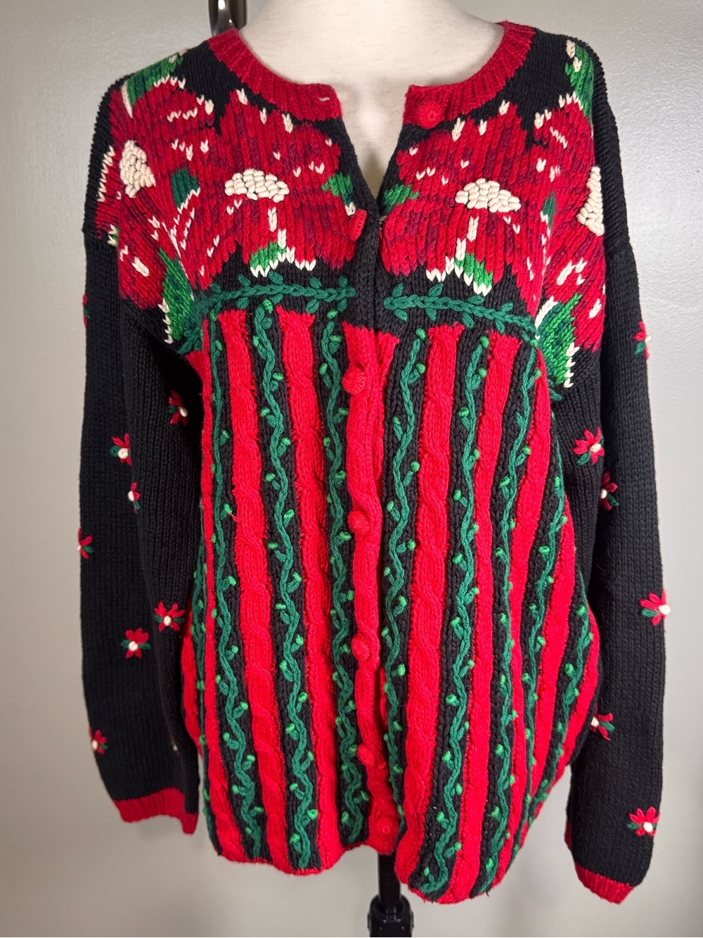 Vintage The Eagles Eye Embroidered Knit Holly Christmas Cardigan Sweater Sz M